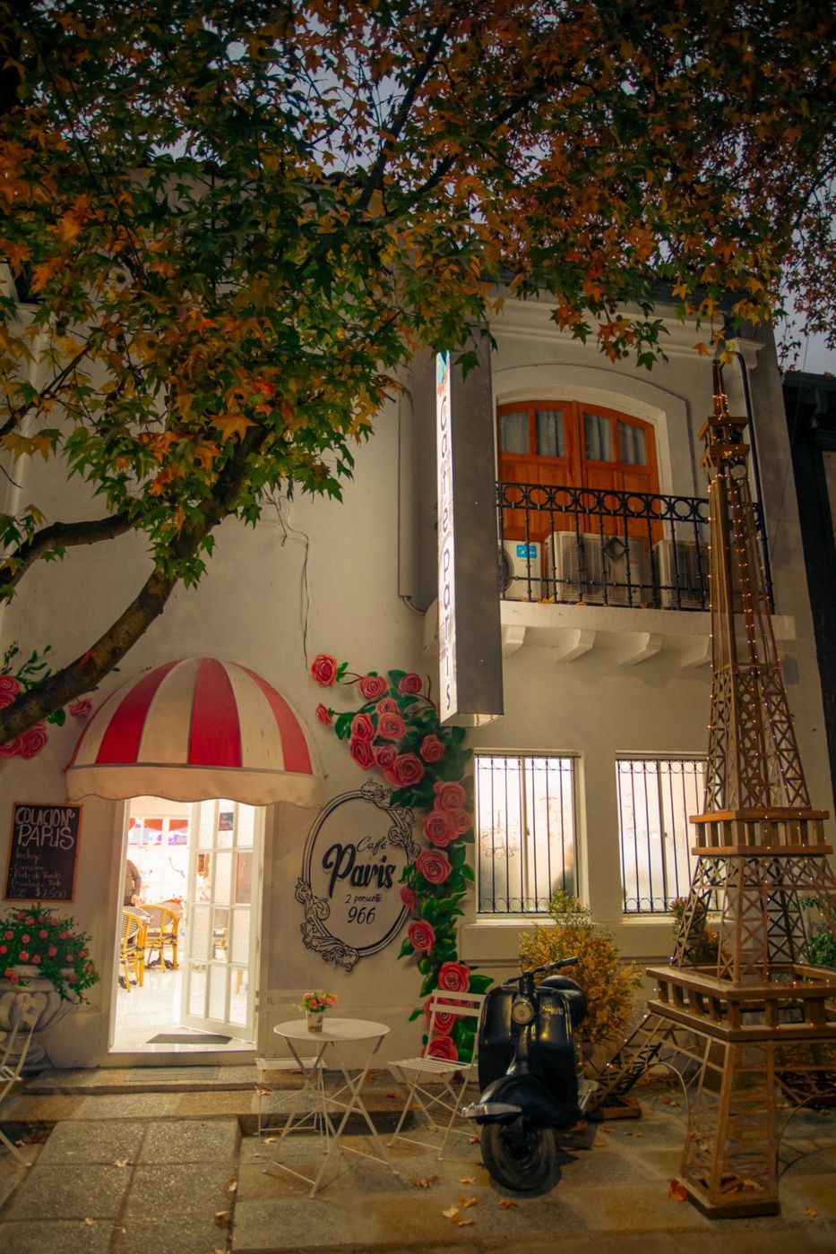 Entrada del Hostal París y Café París de noche, 2 Poniente 966, con toldo, rosas pintadas y torre Eiffel iluminada